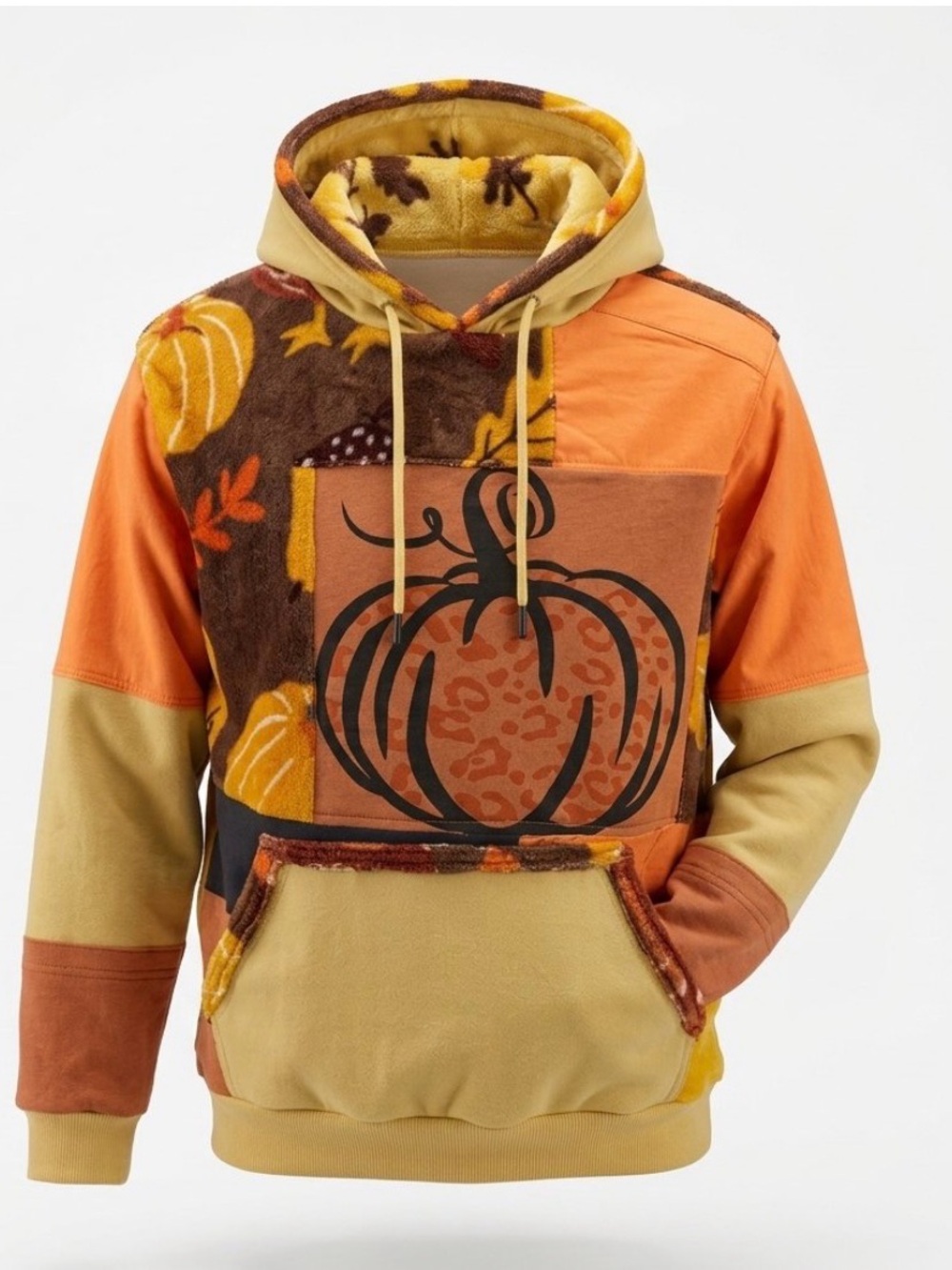 Handmade Patchwork Pumpkin Pullover Hoodie - Orange/Yellow